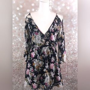 Sheer floral skater dress cut out shoulders